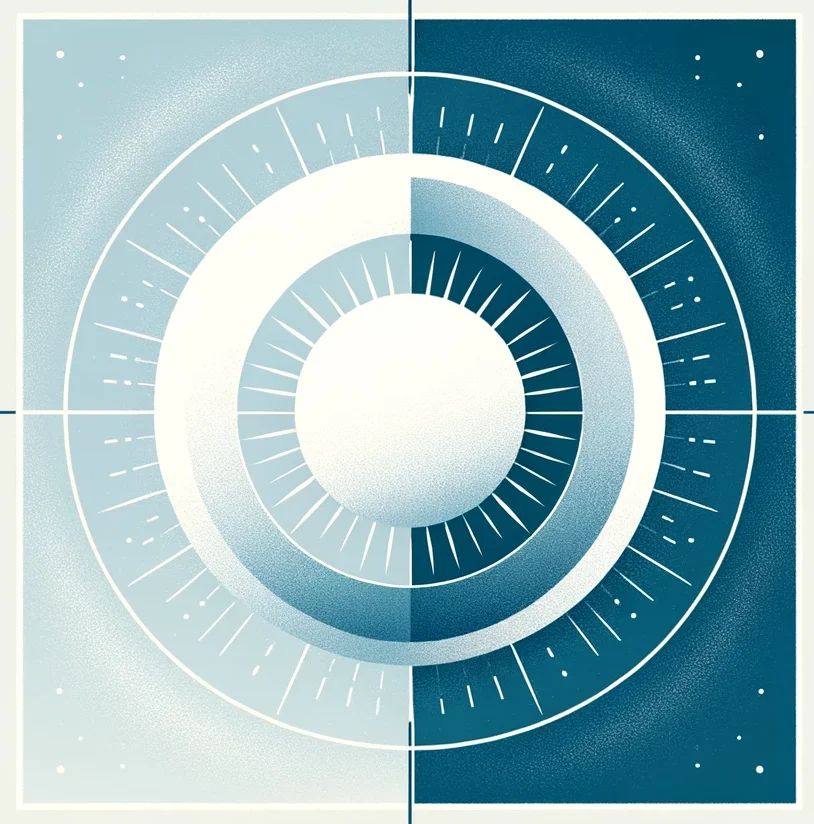 Imagen gráfica estilizada de una estrella con varios anillos concéntricos en tonos de azul y blanco, con líneas y puntos decorativos que sugieren el equinoccio de primavera.