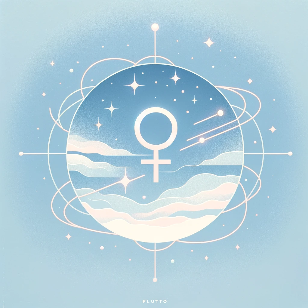 una minimalista representación de Venus en conjunción con Plutón, Usando una paleta de colores pasteles entre azul y blanco