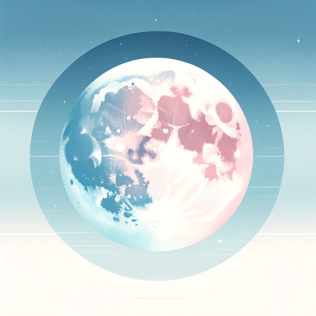 Ilustración de una luna llena con tonos rosados y azules, evocando un aire etéreo y místico. La luna está centrada en un cielo estrellado con un degradado de azul claro a azul oscuro, simbolizando el fenómeno de la Luna Rosa.
