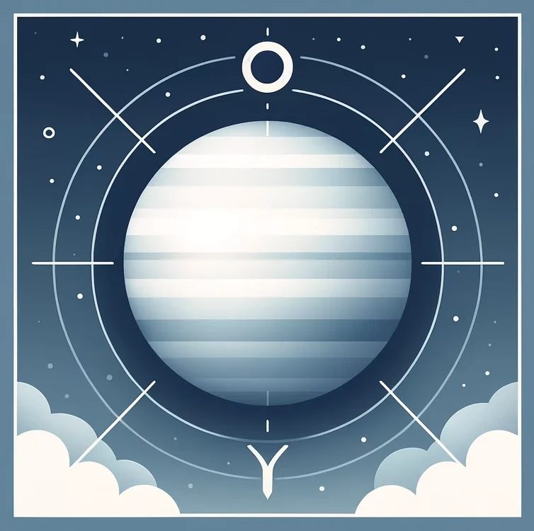 Ilustración geométrica de un planeta estriado con un fondo de cielo azul y estrellas, rodeado de líneas y símbolos astrológicos que representan una conjunción, de venus con el nodo norte, con nubes blancas en la parte inferior. La imagen tiene un estilo minimalista y moderno.