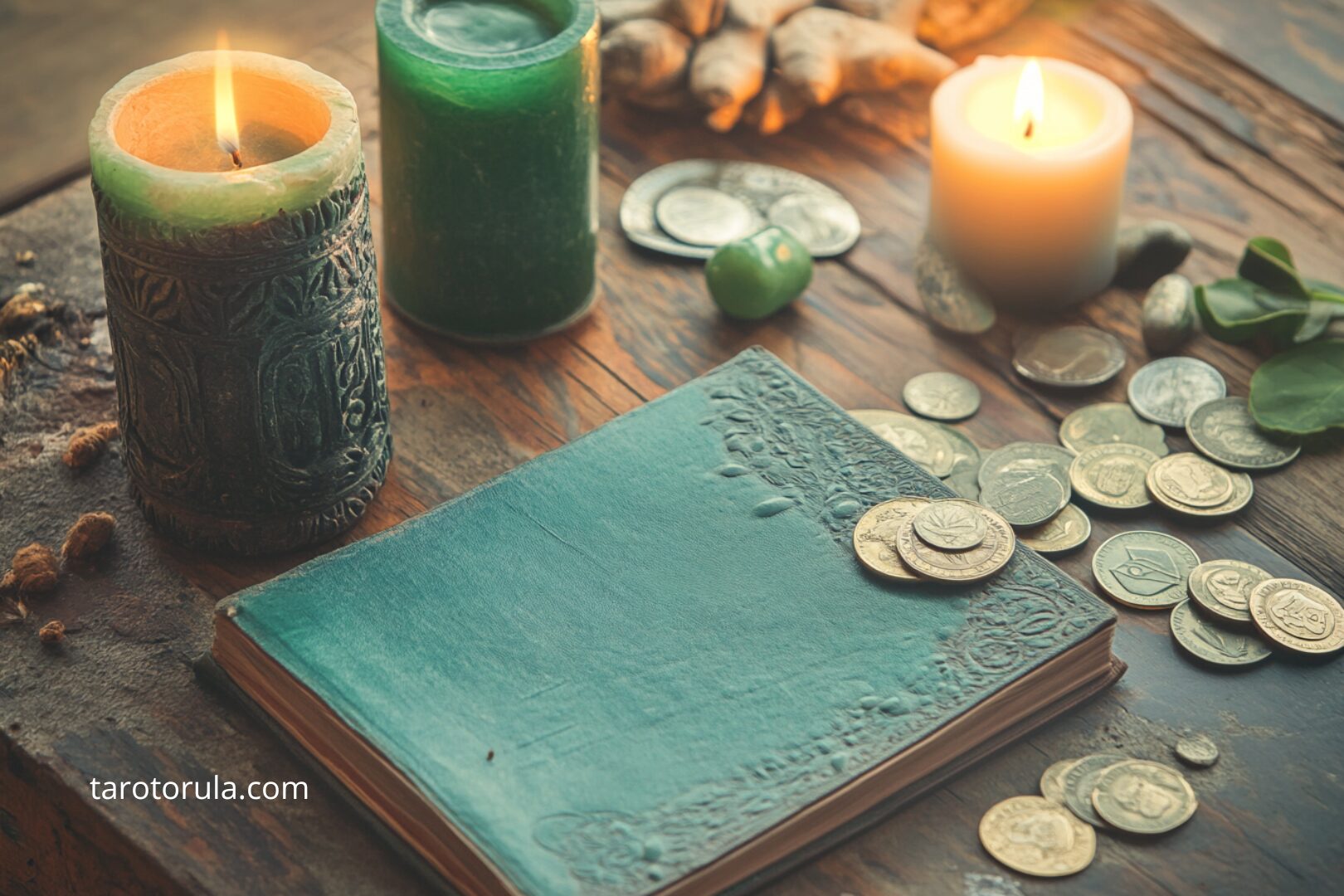 ritual de abundancia. Velas verdes, monedas, cuaderno