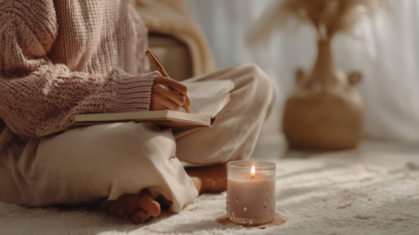 Mujer sentada con calma realizando un ritual espiritual de inicio de año con una vela, conectando con su energía interior y estableciendo intenciones sin presión