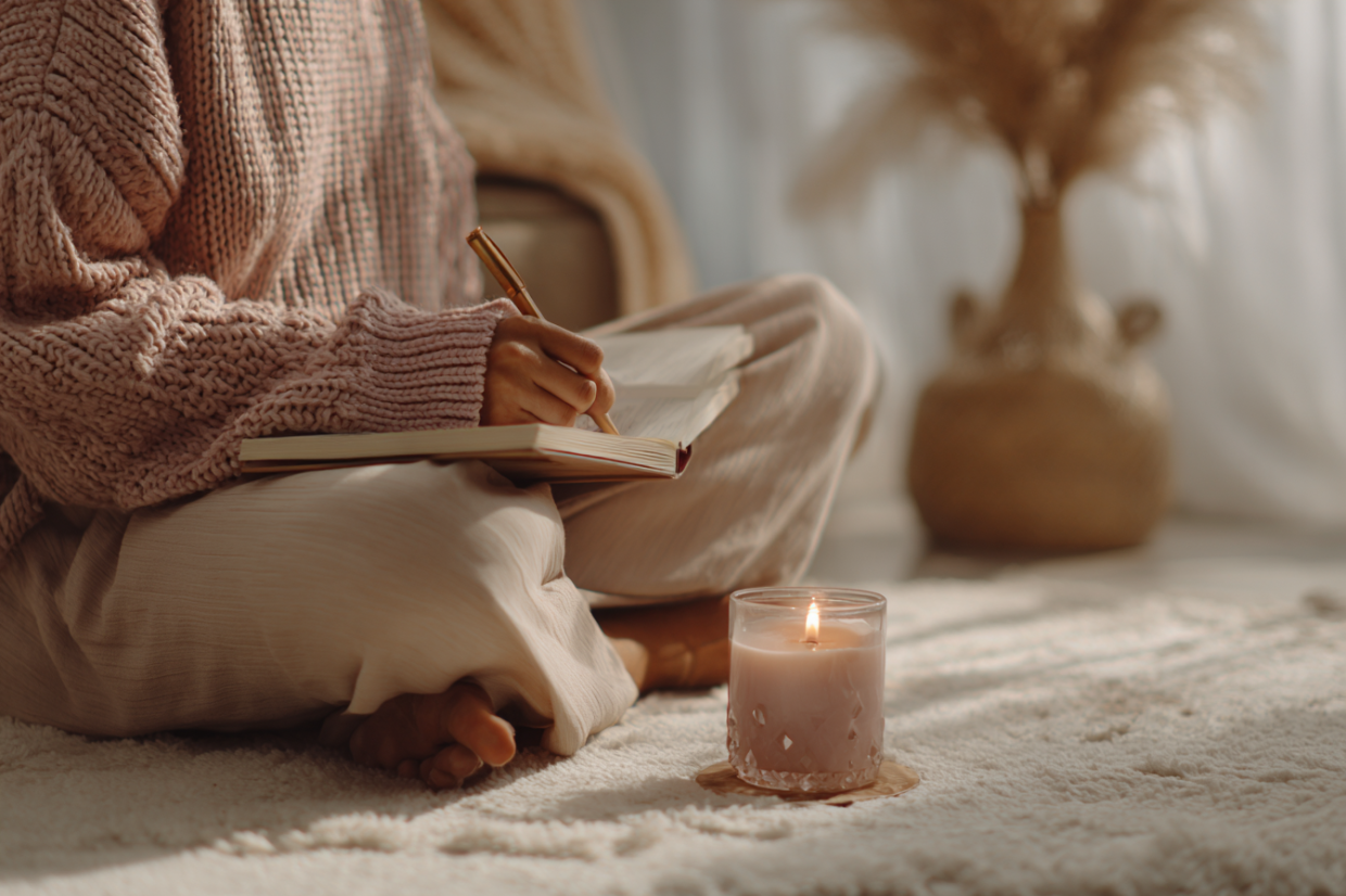 Mujer sentada con calma realizando un ritual espiritual de inicio de año con una vela, conectando con su energía interior y estableciendo intenciones sin presión