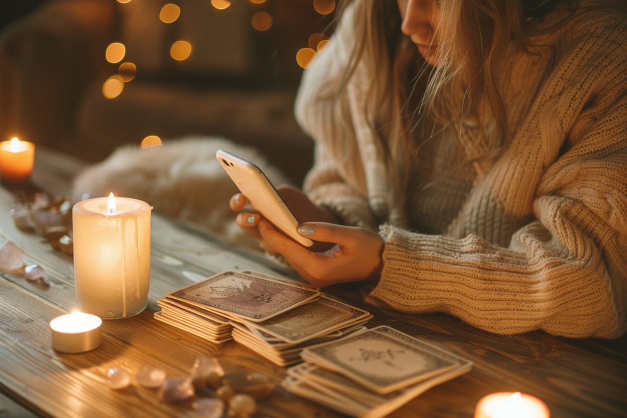 tarotista hablando por teléfono mientras tiene las cartas sobre la mesa, ambiente cálido y elegante.