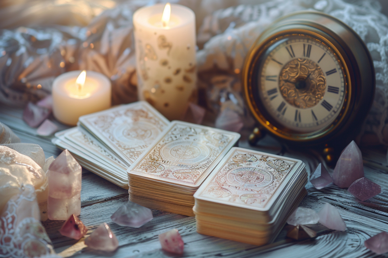 cartas de tarot junto a un reloj elegante, pero sin estética de “predicción exacta”