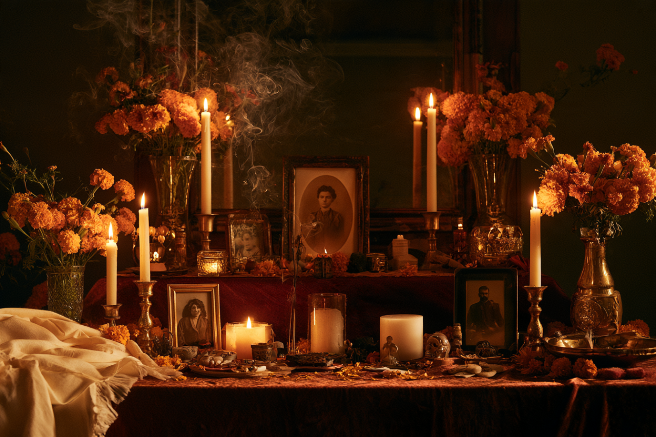 Altar de Día de Muertos con flores de cempasúchil, velas, fotografías y ofrendas para honrar la memoria de los seres queridos