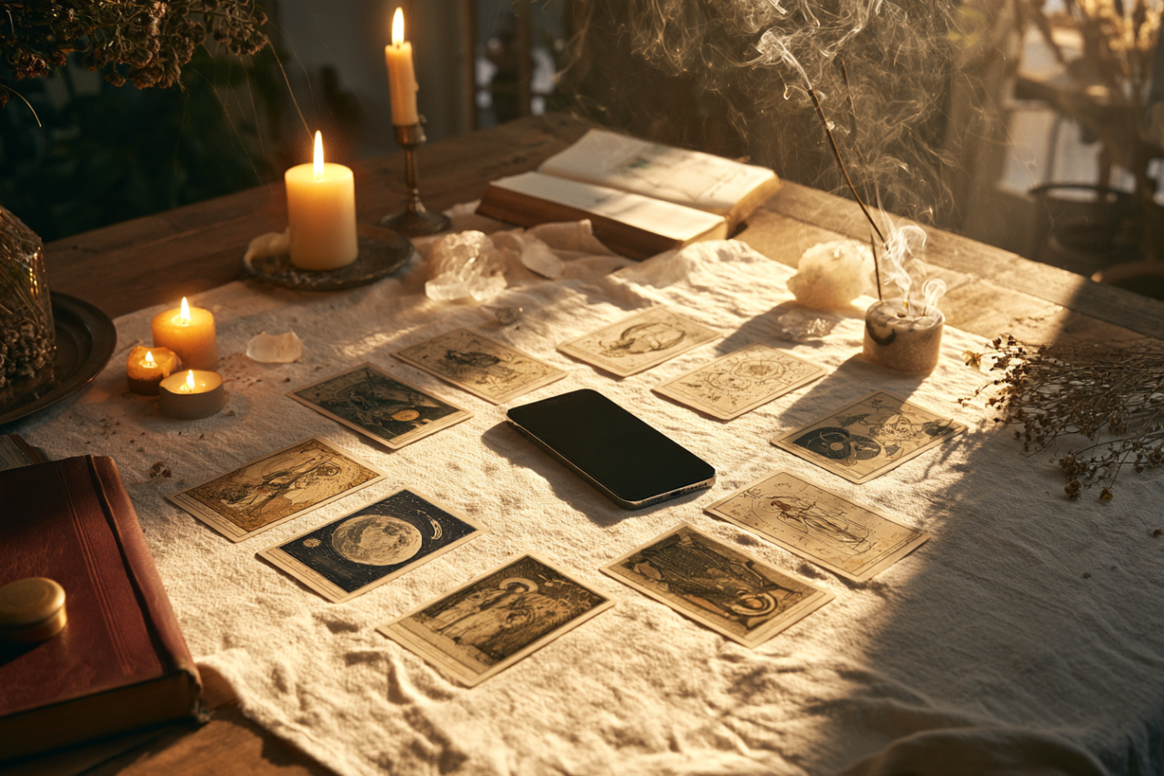 teléfono móvil junto a cartas de tarot para reservar una consulta telefónica